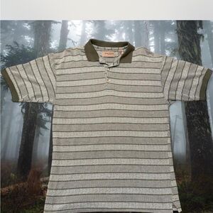 Evan Picone Olive and Gray Striped Polo Shirt
